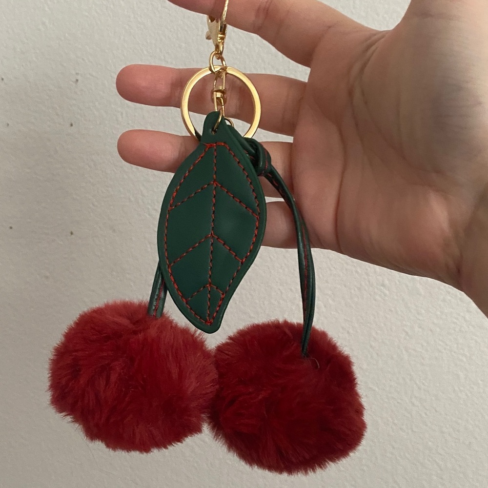 Green Leaf Keychain with Red Pom Poms